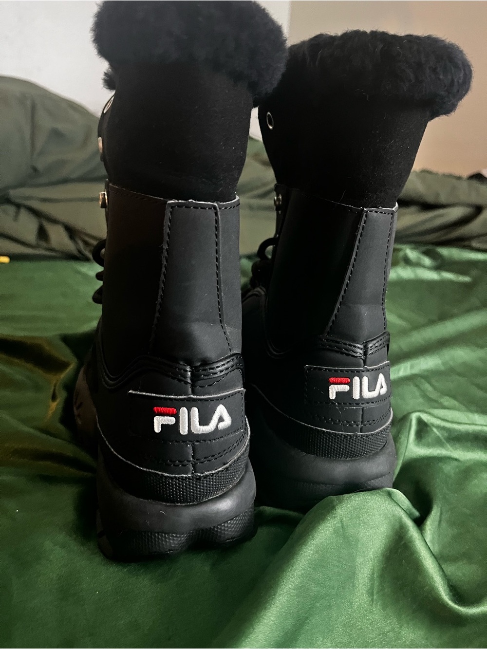 Fila Black Lace-Up Winter Boots with Faux Fur Collar